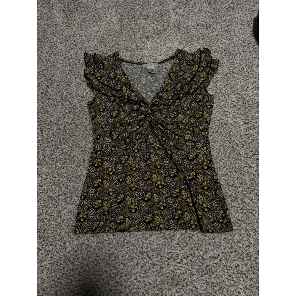 Vintage Suzie Yellow Black Paisley Floral Ruffle V-Neck Knot Front Top Small
